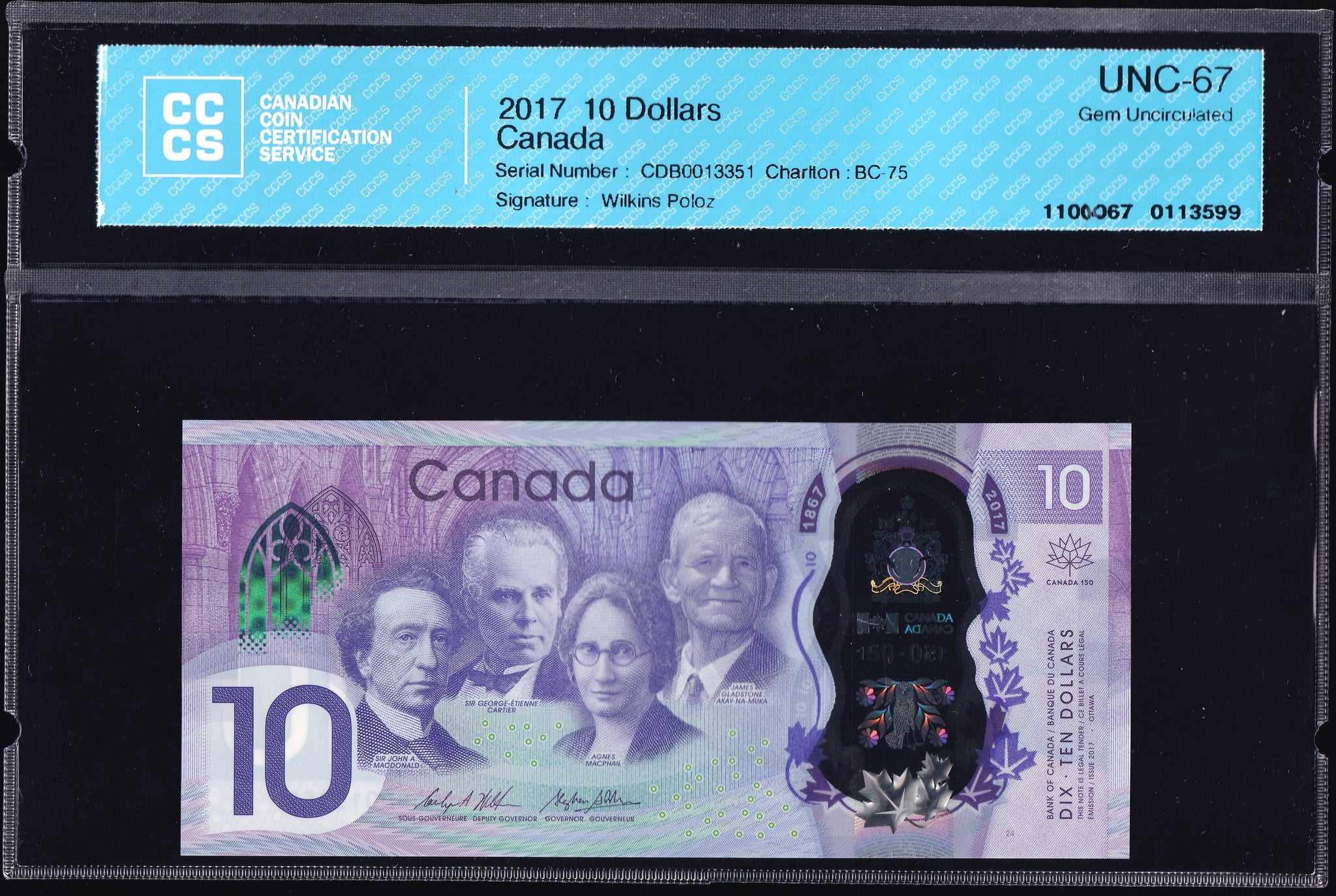 2017 Bank of Canada $10 in CCCS Gem UNC-67 Original (BC-75)