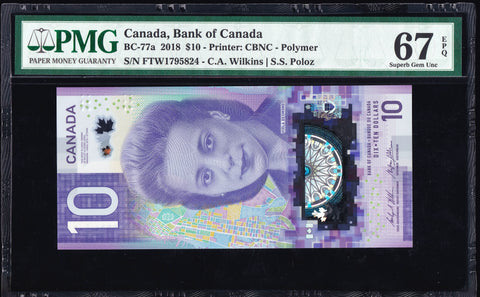 2018 Bank of Canada $10 in PMG Gem UNC-67 EPQ (BC-77a)