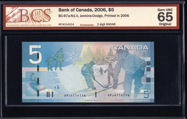 2006 Bank of Canada $5 "Radar" in BCS Gem UNC-65 Original (BC-67a - N1)