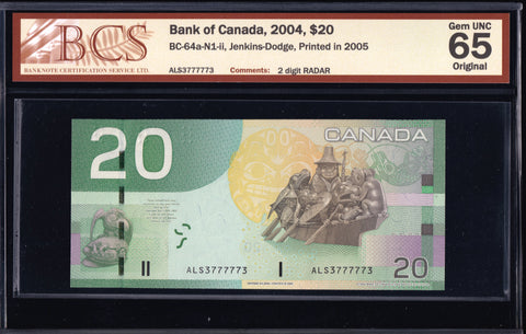 2004 Bank of Canada $20 "Radar" in BCS Gem UNC-65 Original (BC-64a - N1)