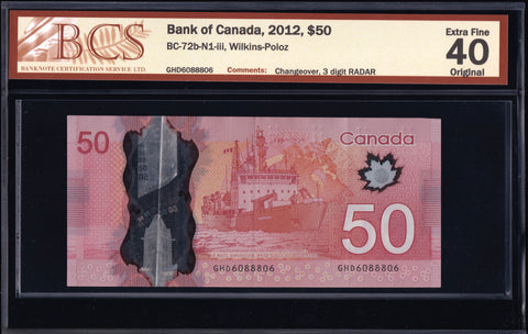 2012 Bank of Canada $50 "Radar" in BCS EF40 Original (BC-72b N1)