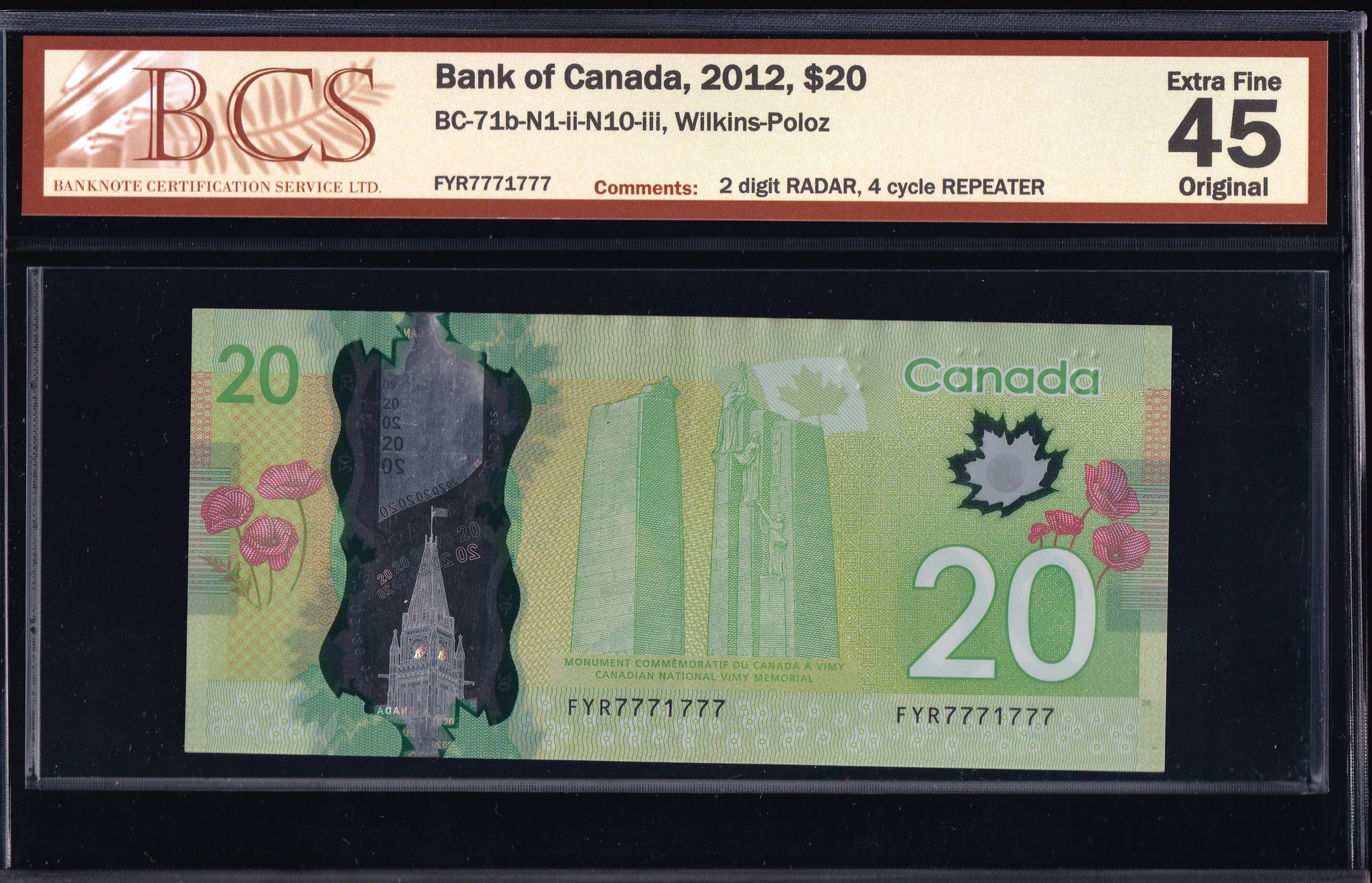 2012 Bank of Canada $20 Radar & Repeater "7771777" BCS EF45 Original (BC-71b - N1 - N10)