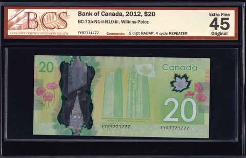 2012 Bank of Canada $20 Radar & Repeater "7771777" BCS EF45 Original (BC-71b - N1 - N10)