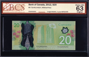 2012 Bank of Canada $20 Radar & Repeater "2929292" BCS UNC63 Original (BC-71b - N1 - N10)