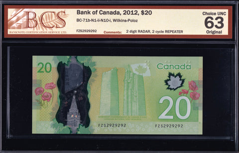 2012 Bank of Canada $20 Radar & Repeater "2929292" BCS UNC63 Original (BC-71b - N1 - N10)