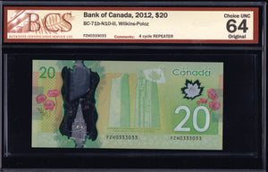 2012 Bank of Canada $20 Repeater "0333033" BCS UNC64 Original (BC-71b - N10)