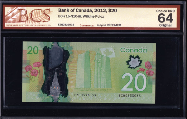 2012 Bank of Canada $20 Repeater "0333033" BCS UNC64 Original (BC-71b - N10)