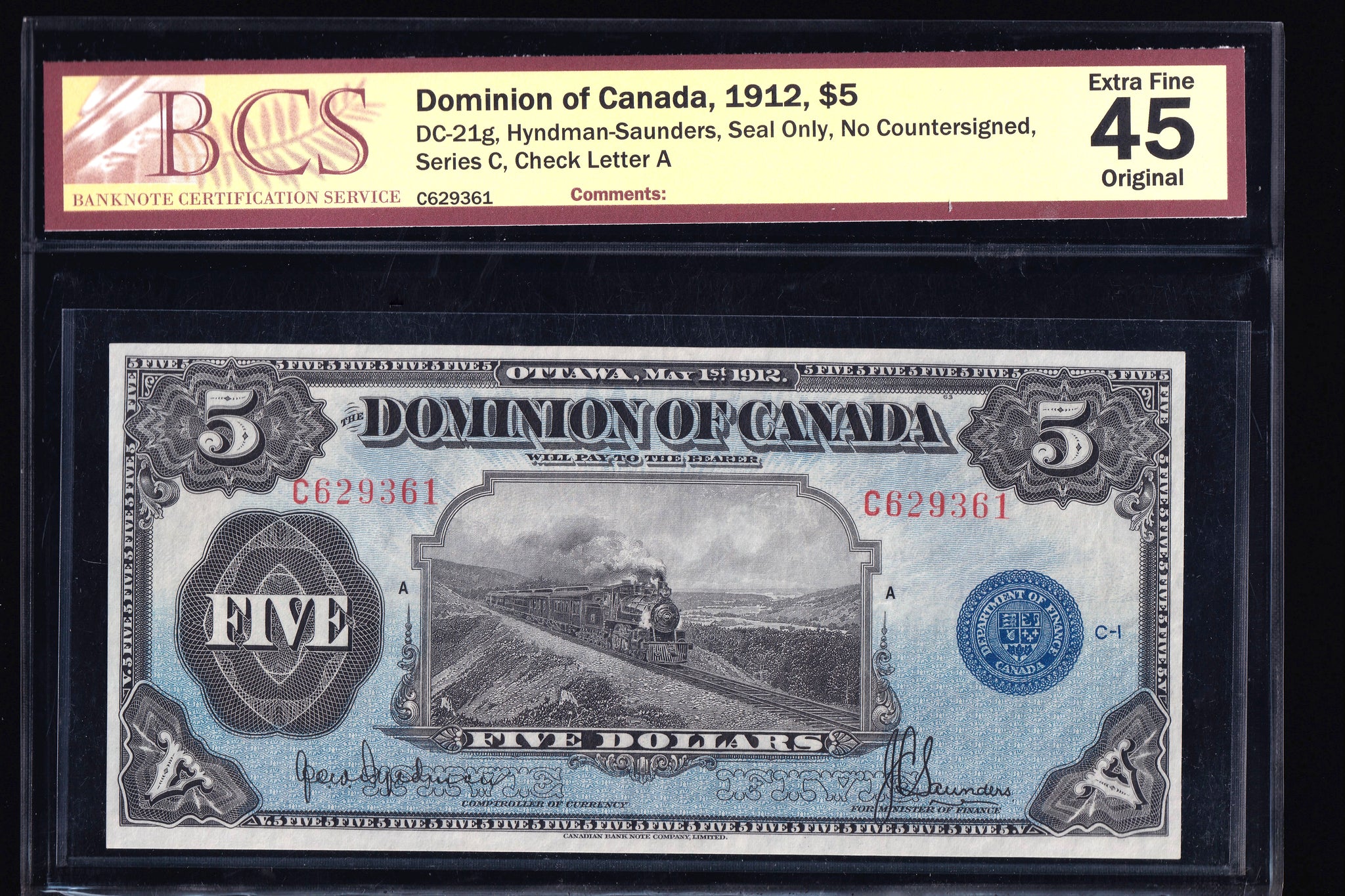 1912 Dominion of Canada $5 "Train" in BCS EF45 Original (DC-21g)