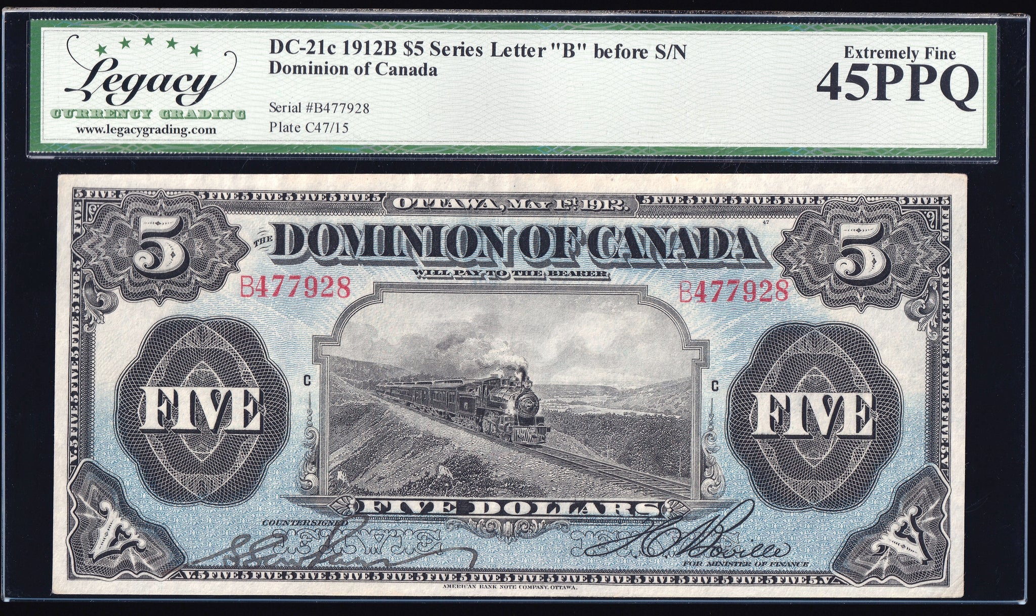 1912 Dominion of Canada $5 "Train" in Legacy EF45 PPQ (DC-21c)