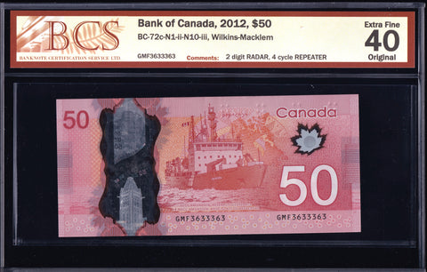 2012 Bank of Canada $50 Radar & Repeater "3633363" BCS EF40 Original (BC-72c - N1 - N10)