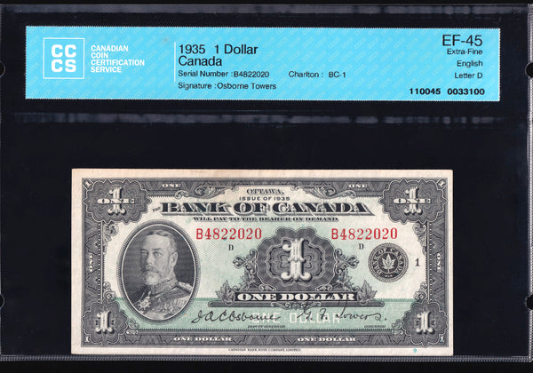 1935 Bank of Canada $1 English "Osborne - Towers" CCCS EF-45 Original (BC-1)