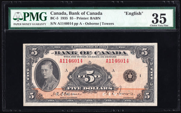 1935 Bank of Canada $5 English "Osborne - Towers" Graded PMG VF-35 (BC-5)