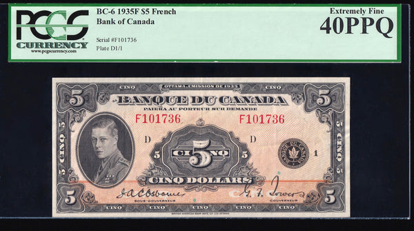1935 Bank of Canada $5 French "Osborne - Towers" PCGS EF-40 PPQ (BC-6)