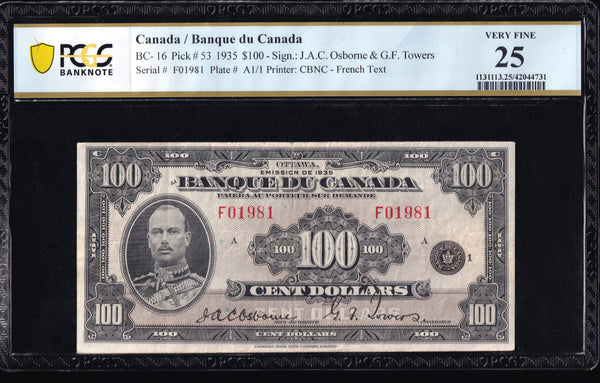 1935 Bank of Canada $100 French "Osborne - Towers" PCGS VF-25 (BC-16)
