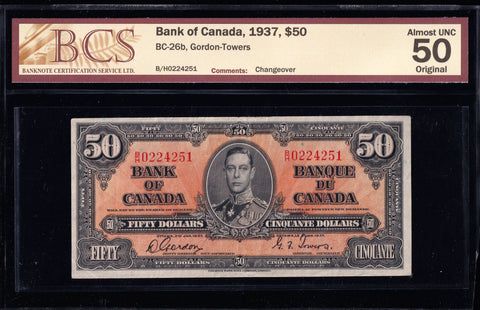 1937 Bank of Canada $50 in BCS AU-50 Original(BC-26b)