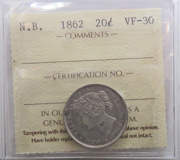 1862 New Brunswick 20 cents Certified ICCS VF30