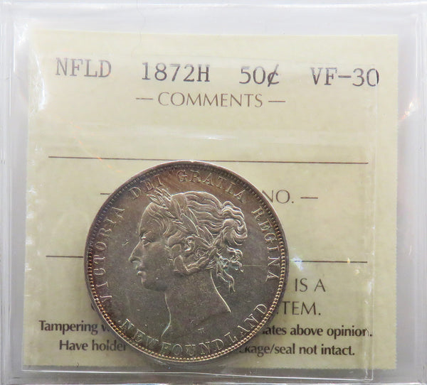 1872H Newfoundland 50 cents Certified ICCS VF-30