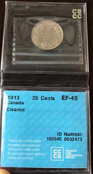 1913 Canadian 25 cents Certified CCCS EF45