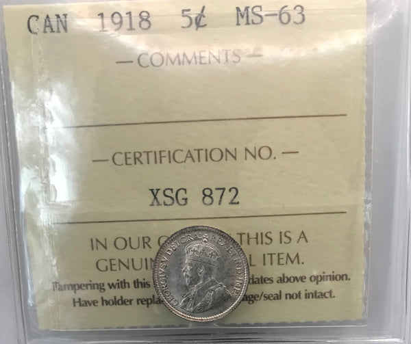 1918 Canadian 5 cents Graded ICCS MS-63 "Blast White"
