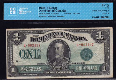 1923 Dominion of Canada $1 CCCS Fine15 (DC-25d)