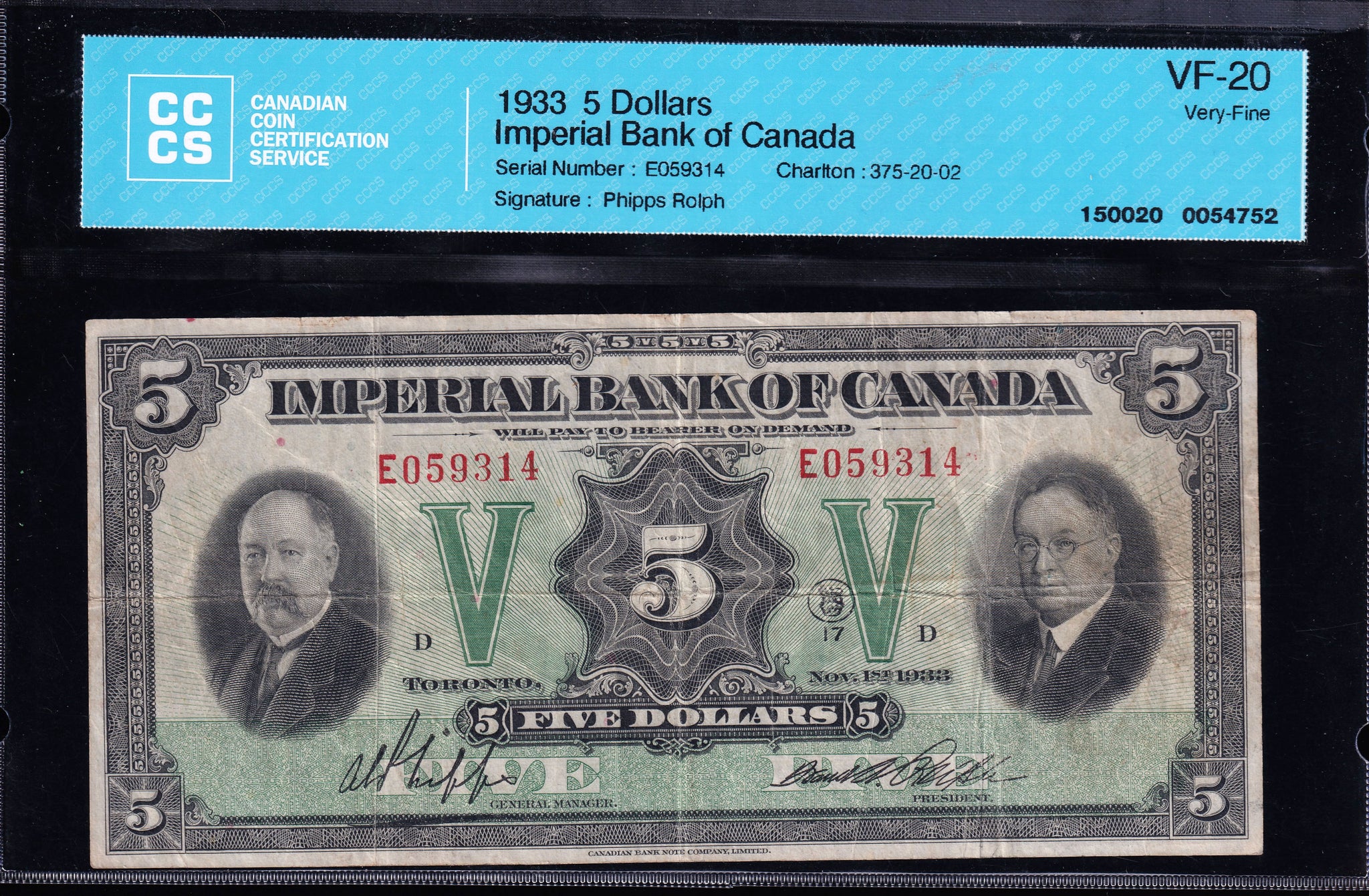 1933 Imperial Bank of Canada $5 CCCS VF20