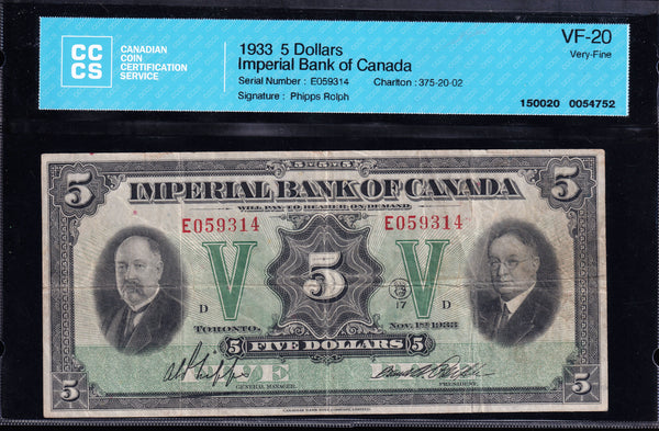 1933 Imperial Bank of Canada $5 CCCS VF20