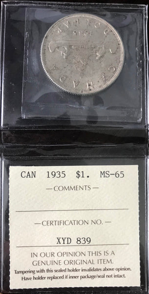 1935 Canadian Silver Dollar $1 Graded ICCS MS-65