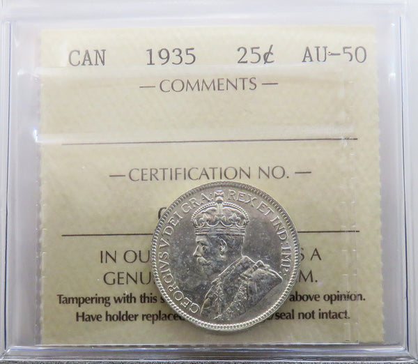 1935 Bank of Canada 25 cent Certified ICCS AU-50