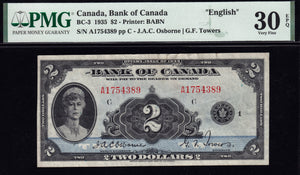 1935 Bank of Canada $2 English PMG VF30 EPQ (BC-3)