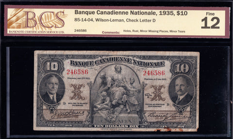 1935 Banque Canadienne Nationale $10 BCS Fine-12 (85-14-04)