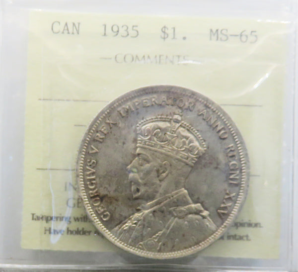 1935 Canadian Silver Dollar $1 Graded ICCS MS-65