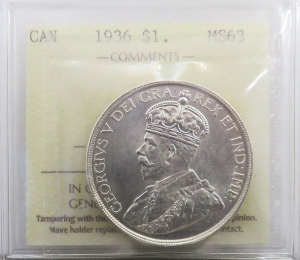 1936 Canadian Silver Dollar $1 Graded ICCS MS-63