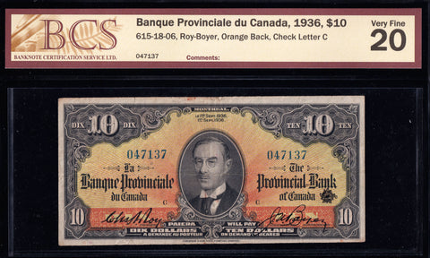 1936 Banque Provinciale Canada $10 BCS VF-20 (615-18-06)