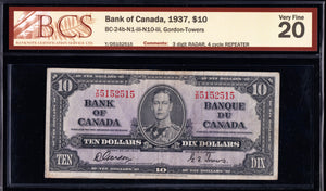 1937 Bank of Canada $10 Radar & repeater in BCS VF20 (BC-24b - N1 - N10)