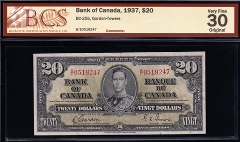 1937 Bank of Canada $20 Certified BCS VF-30 Original (BC-25b)