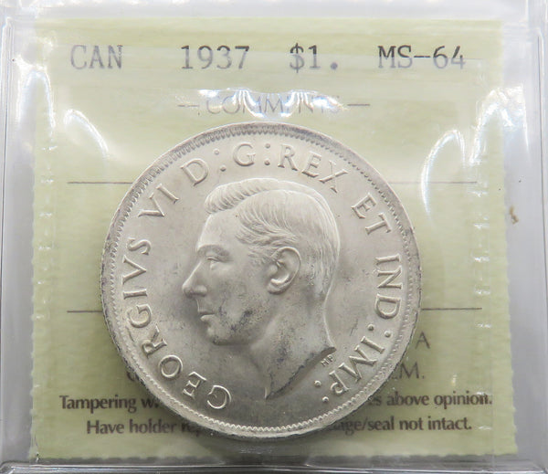 1937 Canadian Silver Dollar $1 Certified ICCS MS-64