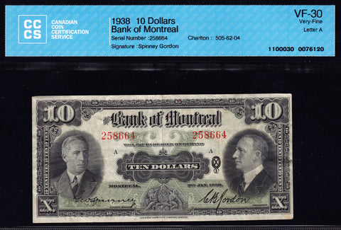 1938 Bank of Montreal $10 CCCS VF-30