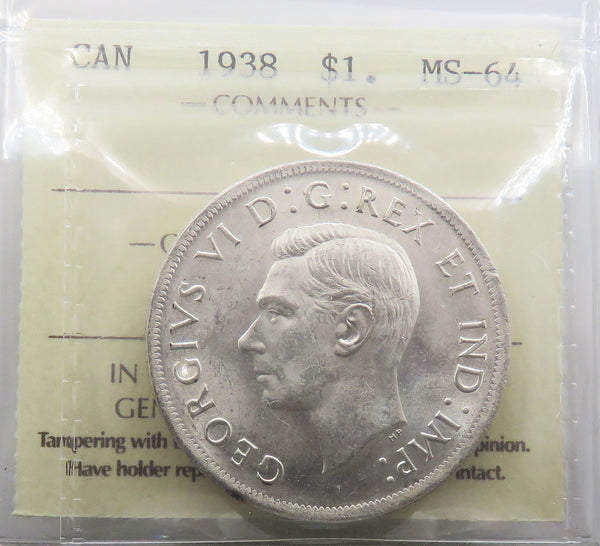 1938 Canadian Silver Dollar $1 Graded ICCS MS-64