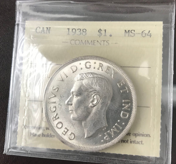 1938 Canadian Silver Dollar $1 Graded ICCS MS-64