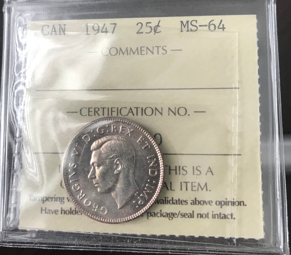 1947 Canadian 25 Cents Certified ICCS MS-64