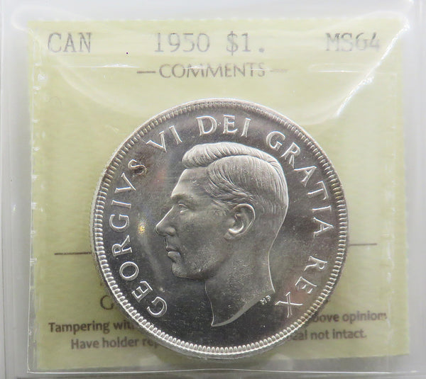 1950 Canadian Silver $1 ICCS MS-64 "ARNPRIOR"