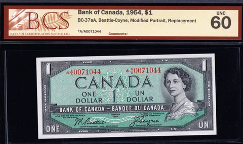 1954 Bank of Canada $1 Replacement *A/A BCS UNC-60 (BC-37aA)