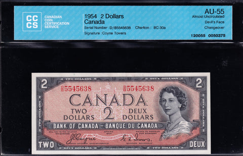 1954 Bank of Canada $2 Devils Face Certified AU-55 by CCCS (BC-30a)