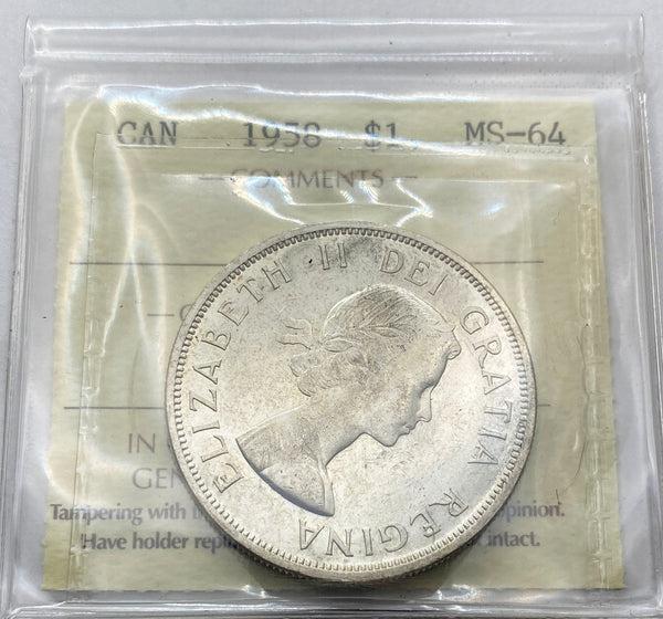 1958 Canadian Silver $1 Certified by ICCS MS-64