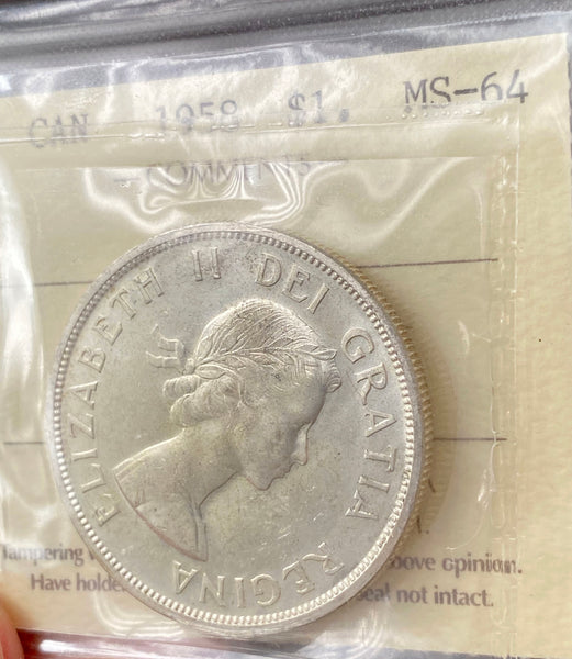 1958 Canadian Silver $1 Certified by ICCS MS-64