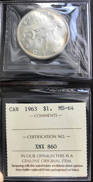 1963 Canadian Silver Dollar $1 Graded ICCS MS-64