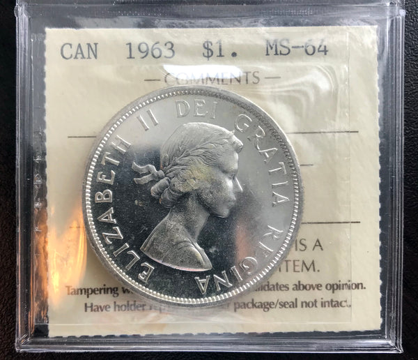 1963 Canadian Silver Dollar $1 Graded ICCS MS-64