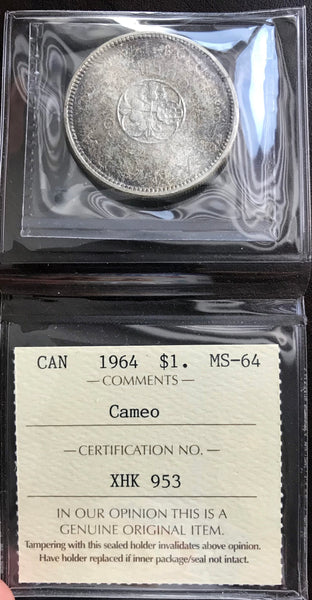 1964 Canadian Silver Dollar $1 Graded ICCS MS-64