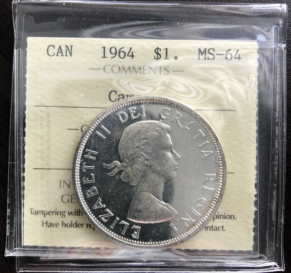 1964 Canadian Silver Dollar $1 Graded ICCS MS-64