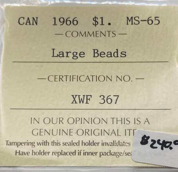 1966 Canadian Silver $1 Certified by ICCS as MS UNC-65